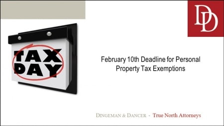 Calendar with Tax Day circled in red marker reminding clients of a Feb. 10 deadline for personal property tax exemptions.