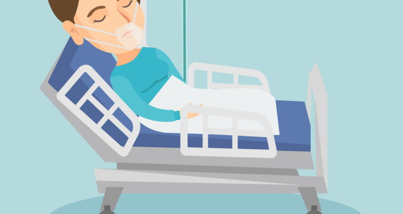 Illustration of a man lying down in a hospital bed wearing a respirator.