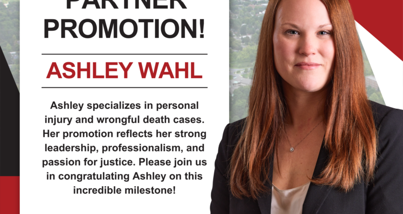 Photo of Ashley Wahl with text block announcing promotion to partner